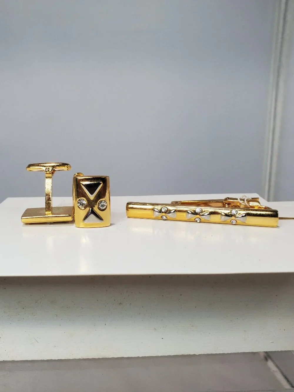 Vintage 14K Gold-Plated Brass & Rhinestone Tie Clip & Cufflinks 3-Piece Set